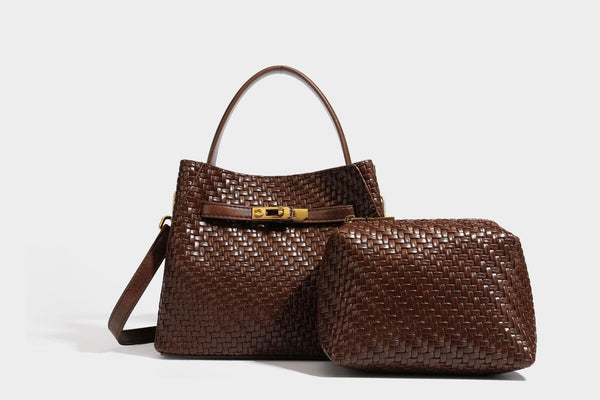 Structured woven leather-look bucket bag with gold-tone turn-lock hardware and detachable shoulder strap, detail view 29