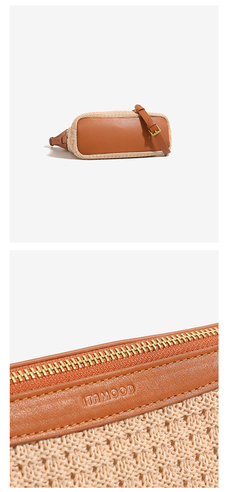 Beige woven raffia-style hobo shoulder bag with caramel leather-look trim, gold-tone zip closure, and adjustable strap