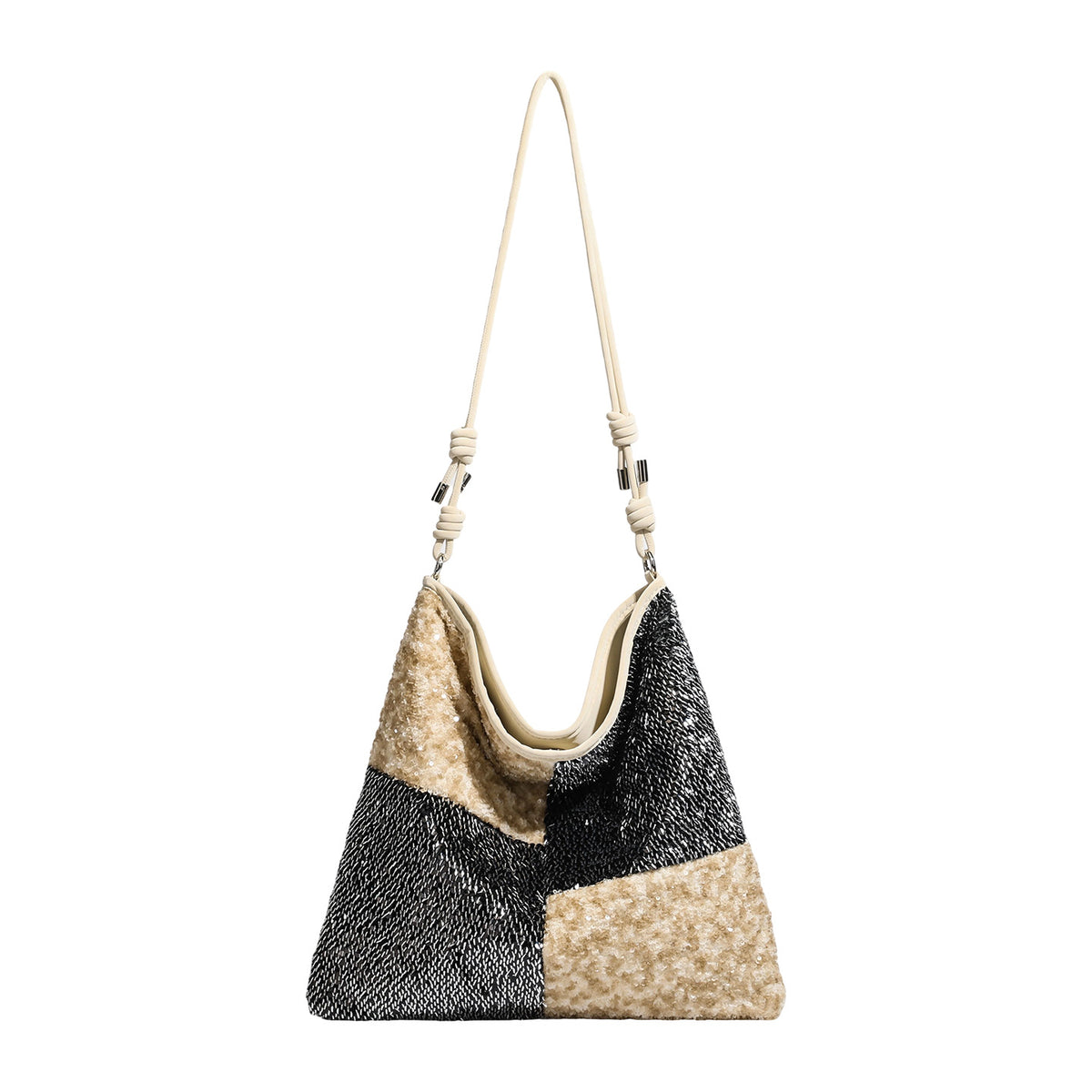 Slouchy hobo shoulder bag with black bugle-bead sequin and cream bouclé patchwork panels, adjustable cream leather-look