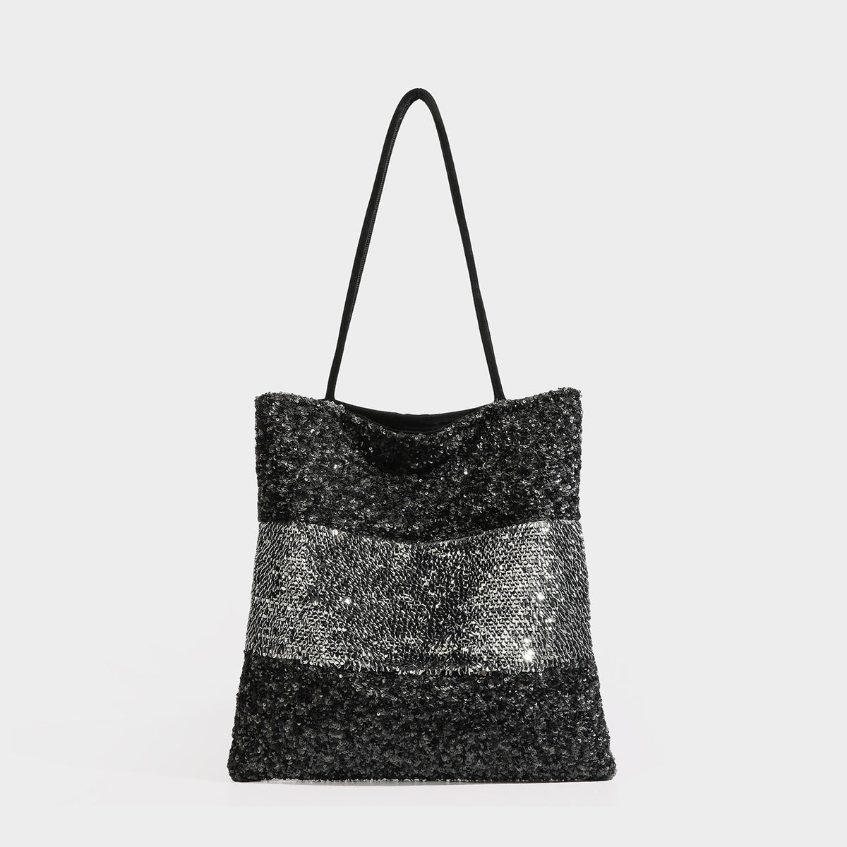 Sequin color-block shoulder tote bag with champagne and silver panels and cream leather-look straps, detail view 6