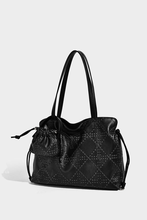 Große Tote-Schultertasche aus geprägtem Lederimitat in Elfenbein-Creme mit zwei langen Riemen, seitlicher Kordelraffung und abnehmbarem