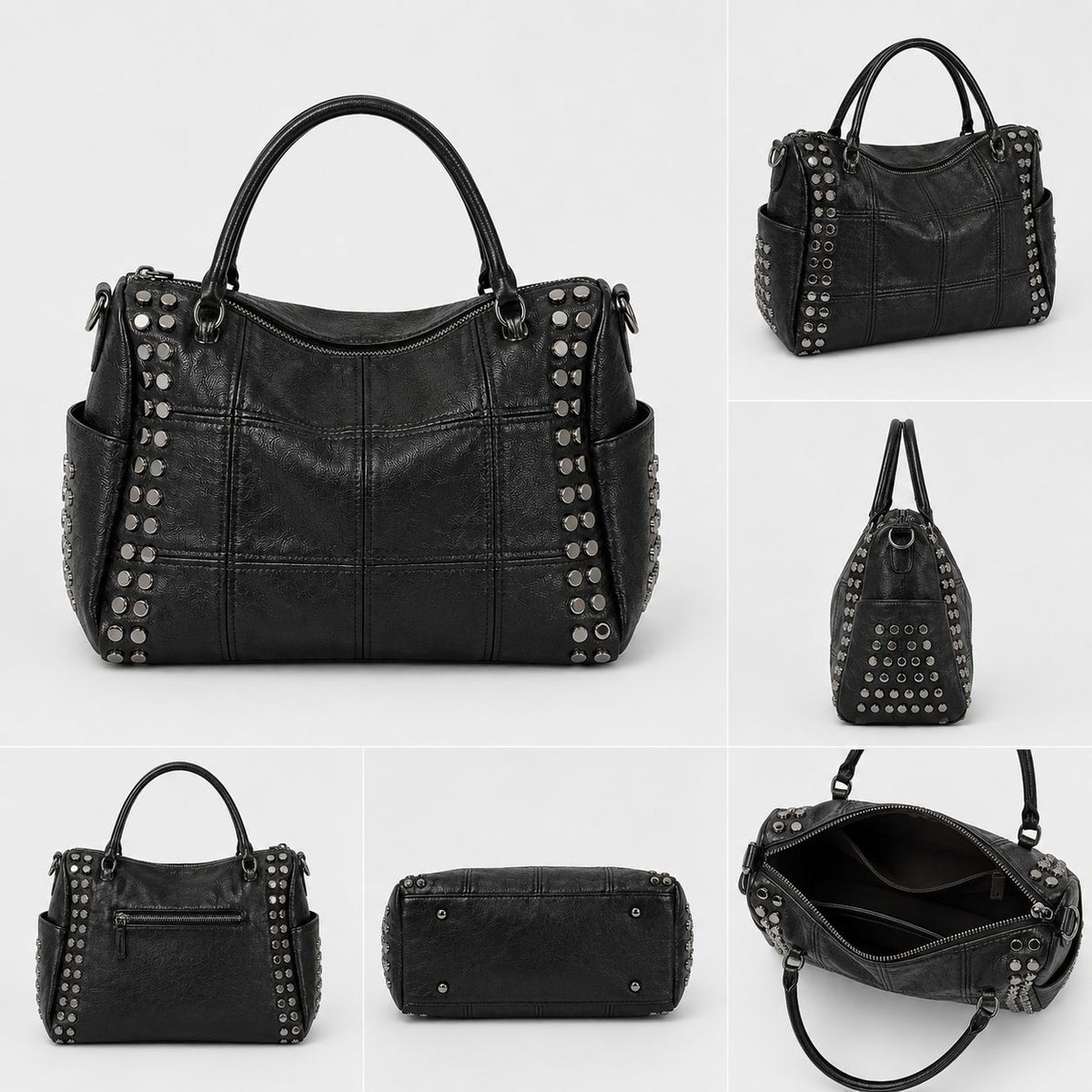 Black leather-look satchel bag with gunmetal rivet trim, grid-stitched paneling, dual rolled top handles, and curved zip