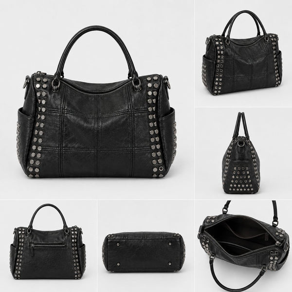 Black leather-look satchel bag with gunmetal rivet trim, grid-stitched paneling, dual rolled top handles, and curved zip