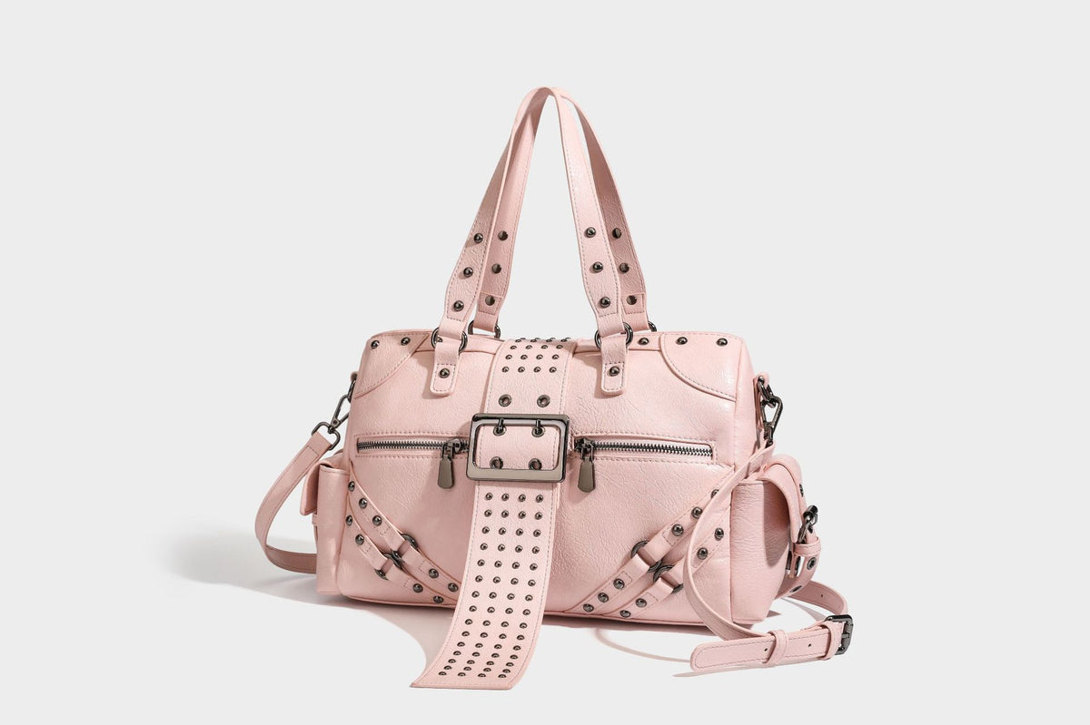Strukturierte Moto-Satchel mit Nieten, Schnallenriemen, zwei Tragegriffen und abnehmbarem Crossbody-Riemen aus glattem Material mit Detail