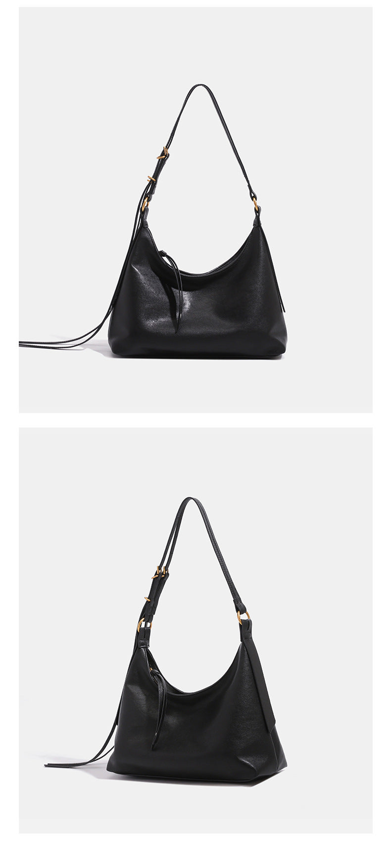 Slouchy hobo shoulder bag in smooth leather-look finish with gold-tone hardware and adjustable strap, detail view 11