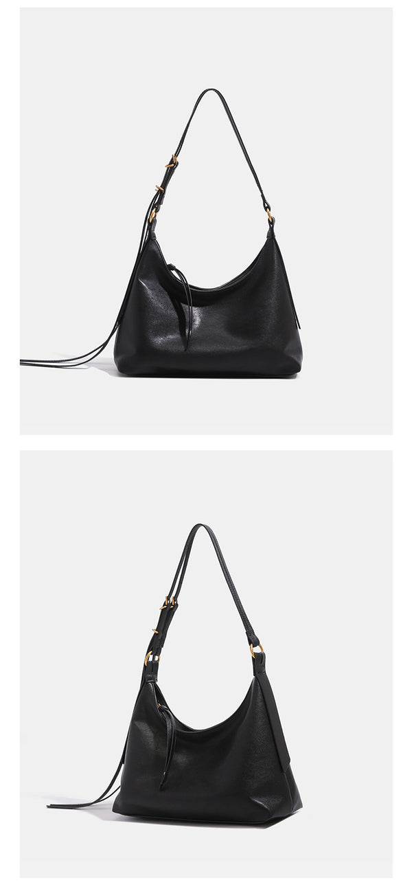 Slouchy hobo shoulder bag in smooth leather-look finish with gold-tone hardware and adjustable strap, detail view 11