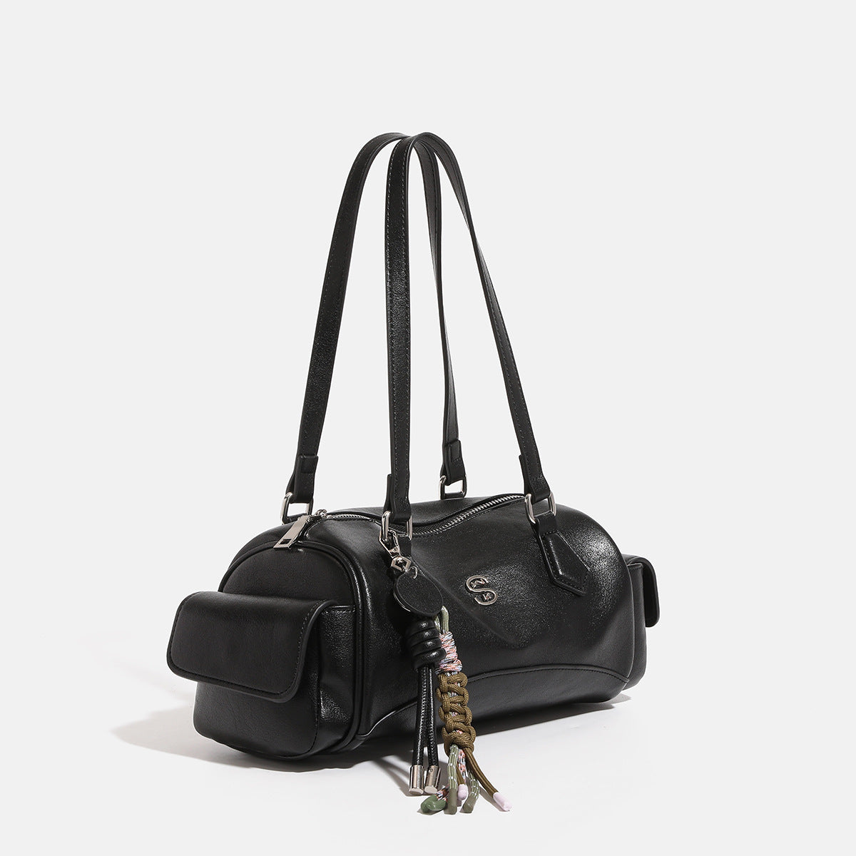 Black leather-look barrel shoulder bag with silver-tone zip hardware, dual flat handles, side flap pocket, and woven olive