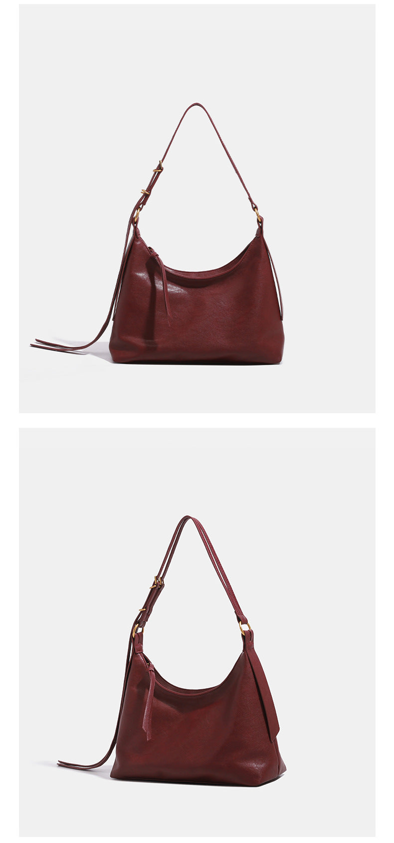 Slouchy hobo shoulder bag in smooth leather-look finish with gold-tone hardware and adjustable strap, detail view 9
