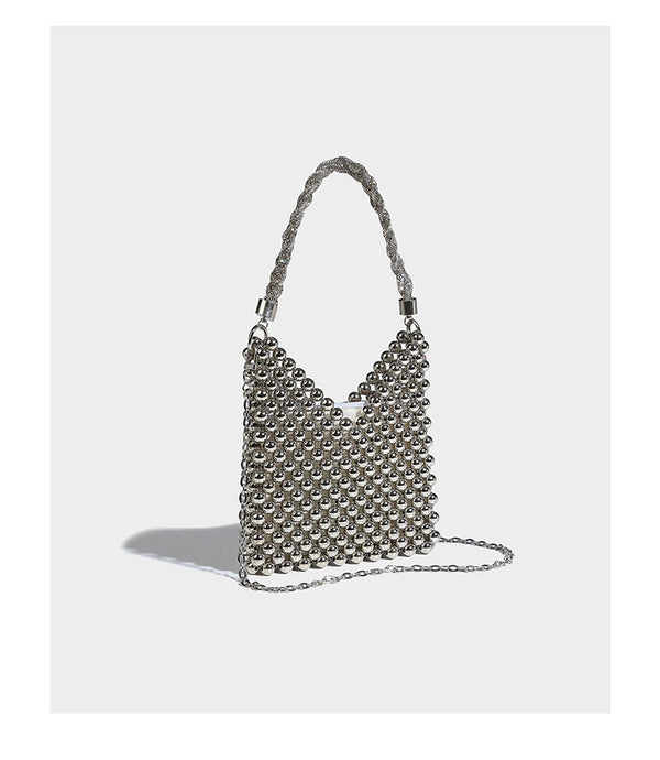 Small silver metallic beaded mini bag with braided rhinestone top handle and detachable chain crossbody strap, detail view 9