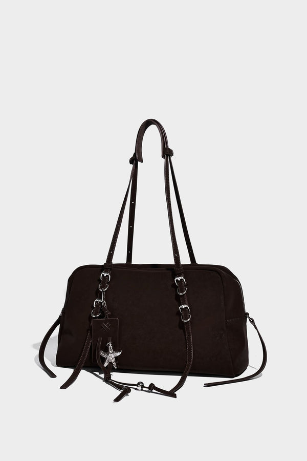 Structured rectangular matte suede-like shoulder bag with silver-tone hardware, zip closure, double top handles, and, detail