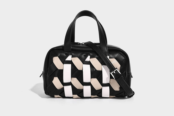 Small structured satchel bag with two-tone woven front panel, dual top handles, and detachable crossbody strap in tan brown
