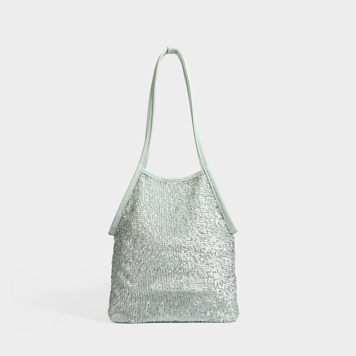 Kleiner Schulter-Shopper mit Pailletten, langem Metallic-Riemen und trapezförmiger Silhouette, Detailansicht 3