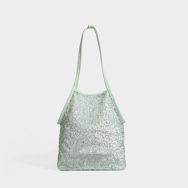 Kleiner Schulter-Shopper mit Pailletten, langem Metallic-Riemen und trapezförmiger Silhouette, Detailansicht 3
