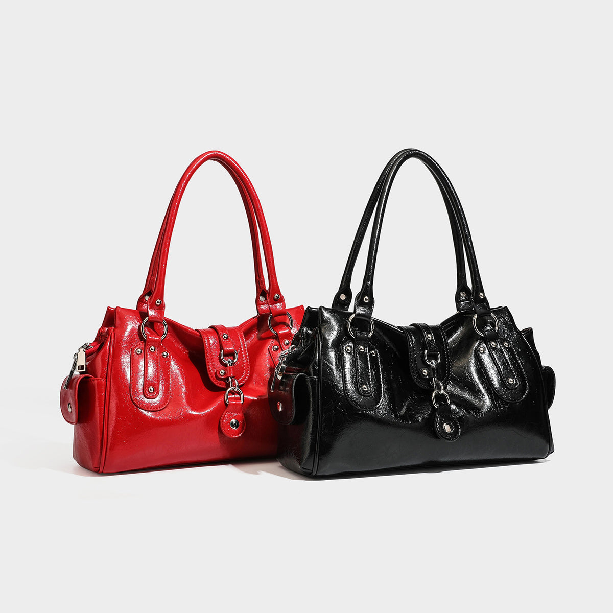 Glossy crinkled barrel satchel bag with double top handles, front flap-strap panel, ring and stud hardware, and detachable