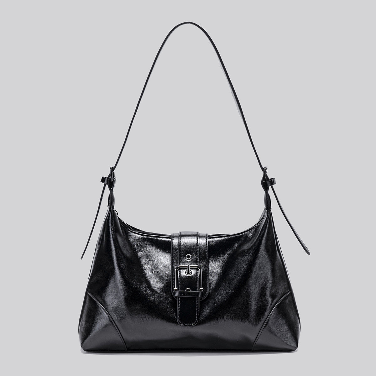 Glossy dark brown slouch hobo shoulder bag with front buckle strap panel and long adjustable single strap, detail view 6