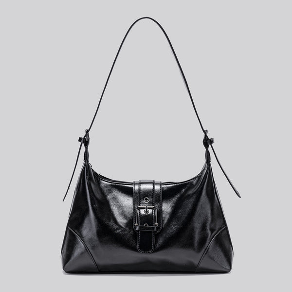 Glossy dark brown slouch hobo shoulder bag with front buckle strap panel and long adjustable single strap, detail view 6