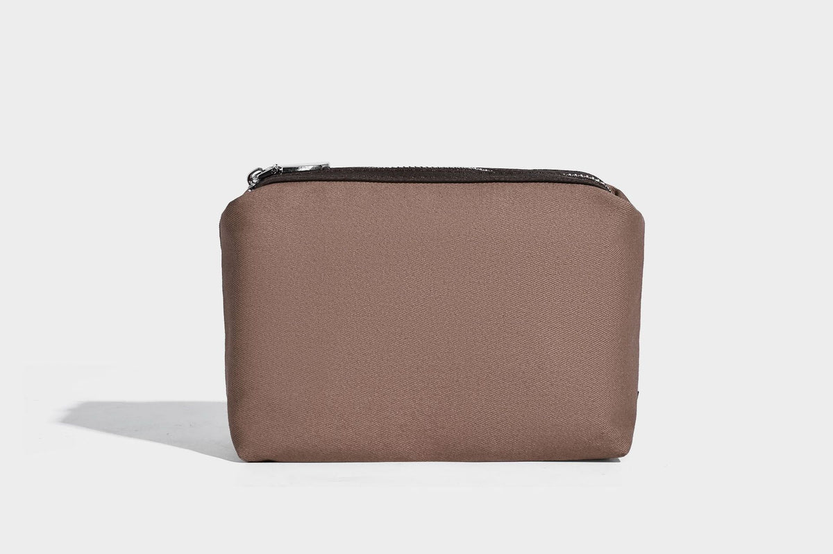 Small structured matte pebbled tote bag with twin top handles and removable zip pouch, detail view 23