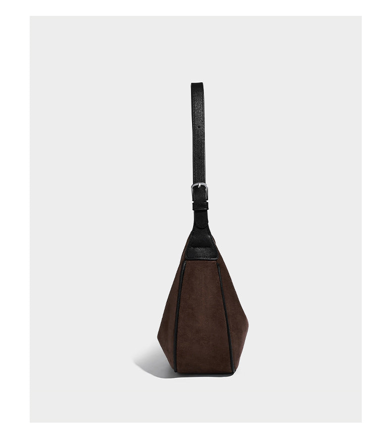 Crescent hobo shoulder bag in matte suede-look finish with black trim and adjustable strap, detail view 12