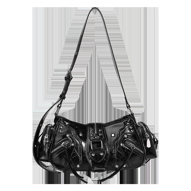 Compact glossy leather-look crossbody bag with silver studs, buckle hardware, and multiple zip pockets, detail view 33