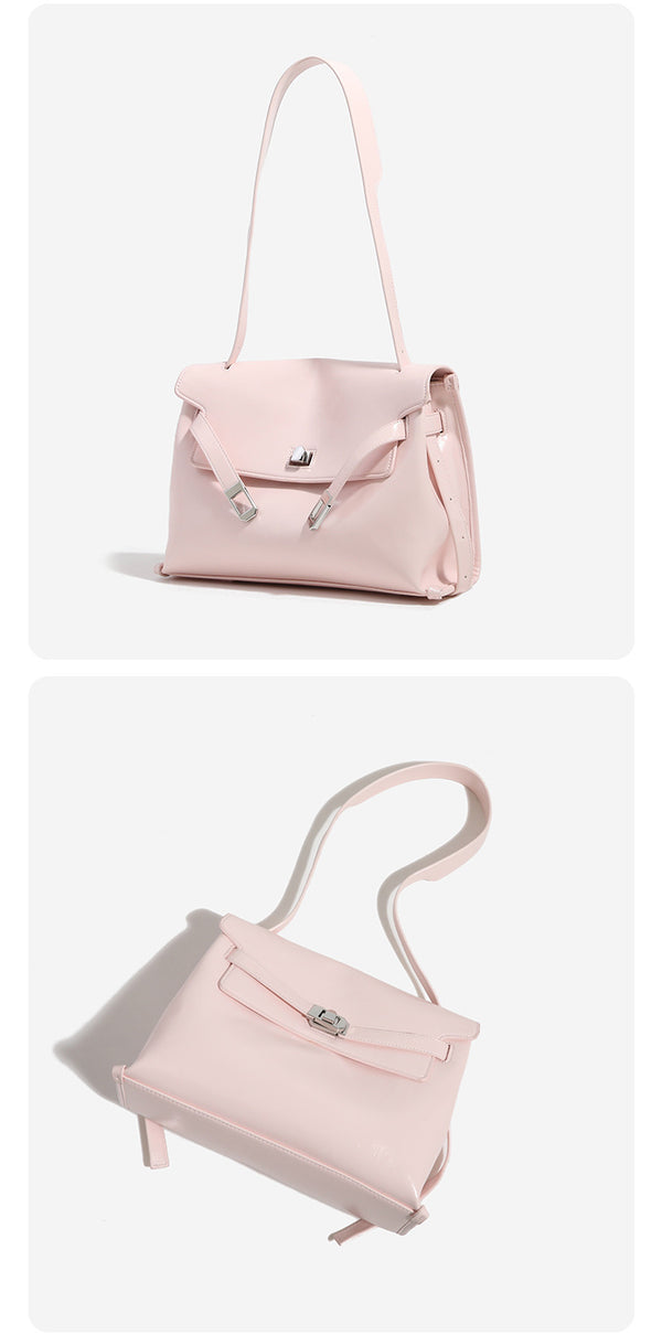 Structured rectangular flap shoulder bag in glossy leather-look finish with silver-tone turn-lock closure and adjustable