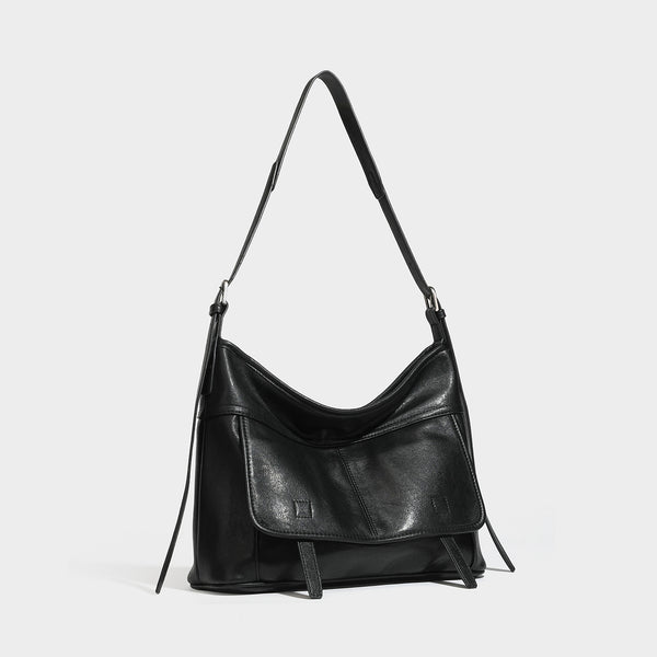 Weiche, geräumige Schulter-Crossbody-Tasche in Lederoptik mit vorderem Überschlagfach, Reißverschluss oben und langem verstellbarem Riemen