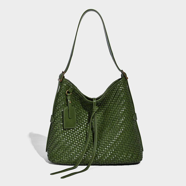 Slouchy woven-texture bucket shoulder bag with tassel tie closure and gold-tone hardware, detail view 9