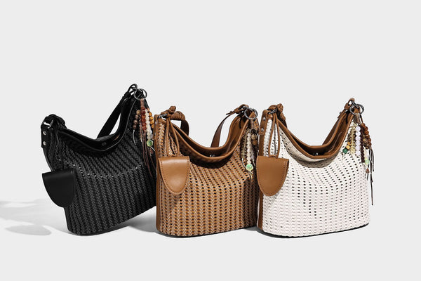 Slouchy open-weave hobo shoulder bag with leather-look trim, beaded tassel charm, and adjustable strap, detail view 11