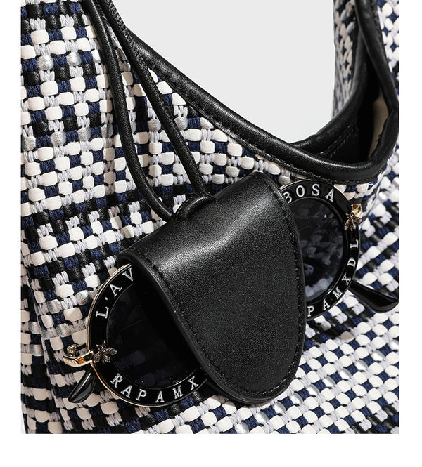 Slouchy woven stripe hobo shoulder bag with black-and-white pattern and leather-look strap, detail view 17