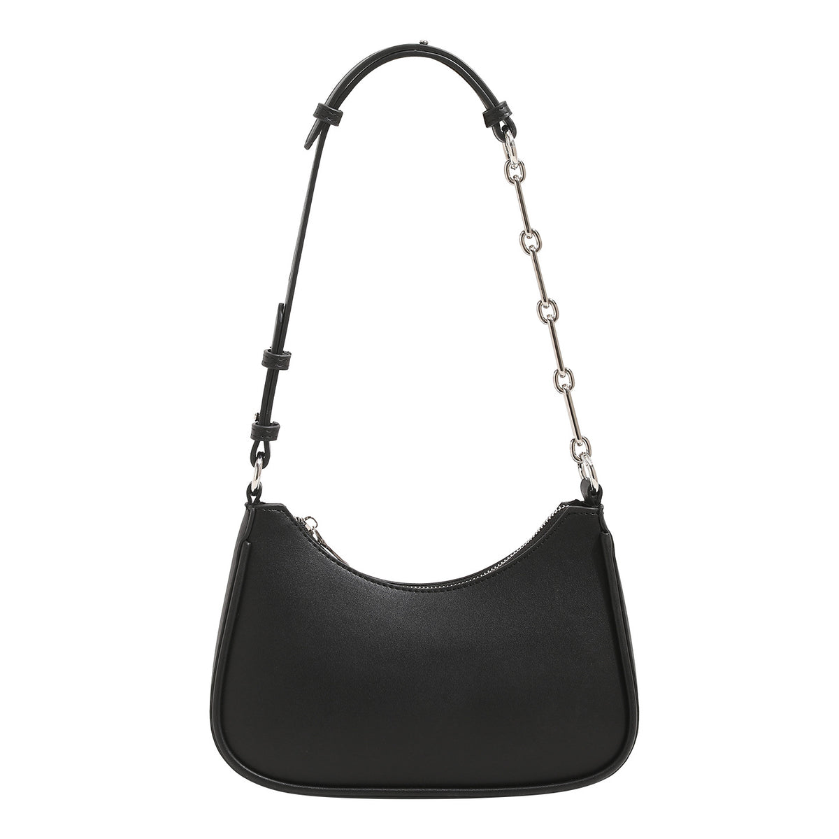Compact crescent half-moon shoulder bag with chain-and-leather adjustable strap and silver-tone hardware, detail view 5