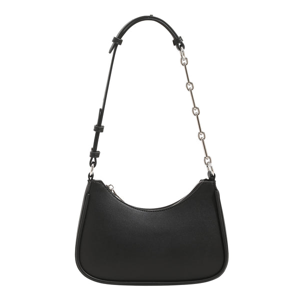 Compact crescent half-moon shoulder bag with chain-and-leather adjustable strap and silver-tone hardware, detail view 5