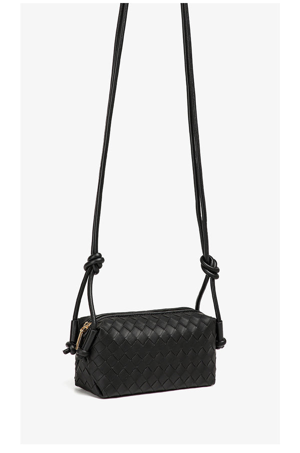 Small rectangular woven-texture mini crossbody bag with knotted rope strap and gold-tone zip closure, detail view 15