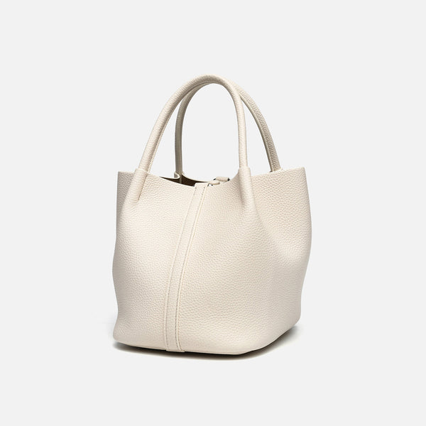 Pebbled leather-look bucket tote bag with rounded top handles and detachable shoulder strap, detail view 2