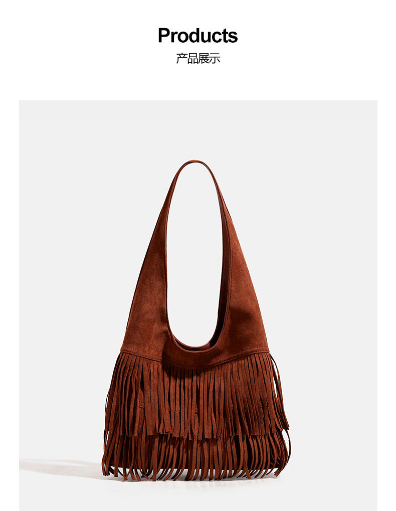 Cognac brown suede-look hobo shoulder bag with layered fringe trim and single loop strap, detail view 7