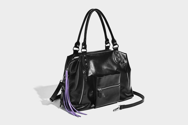 Glänzende strukturierte Tote-Henkeltasche mit zwei Tragegriffen, abnehmbarem Crossbody-Riemen, Reißverschlusstaschen auf der Vorderseite und silberfarbenen Beschlägen