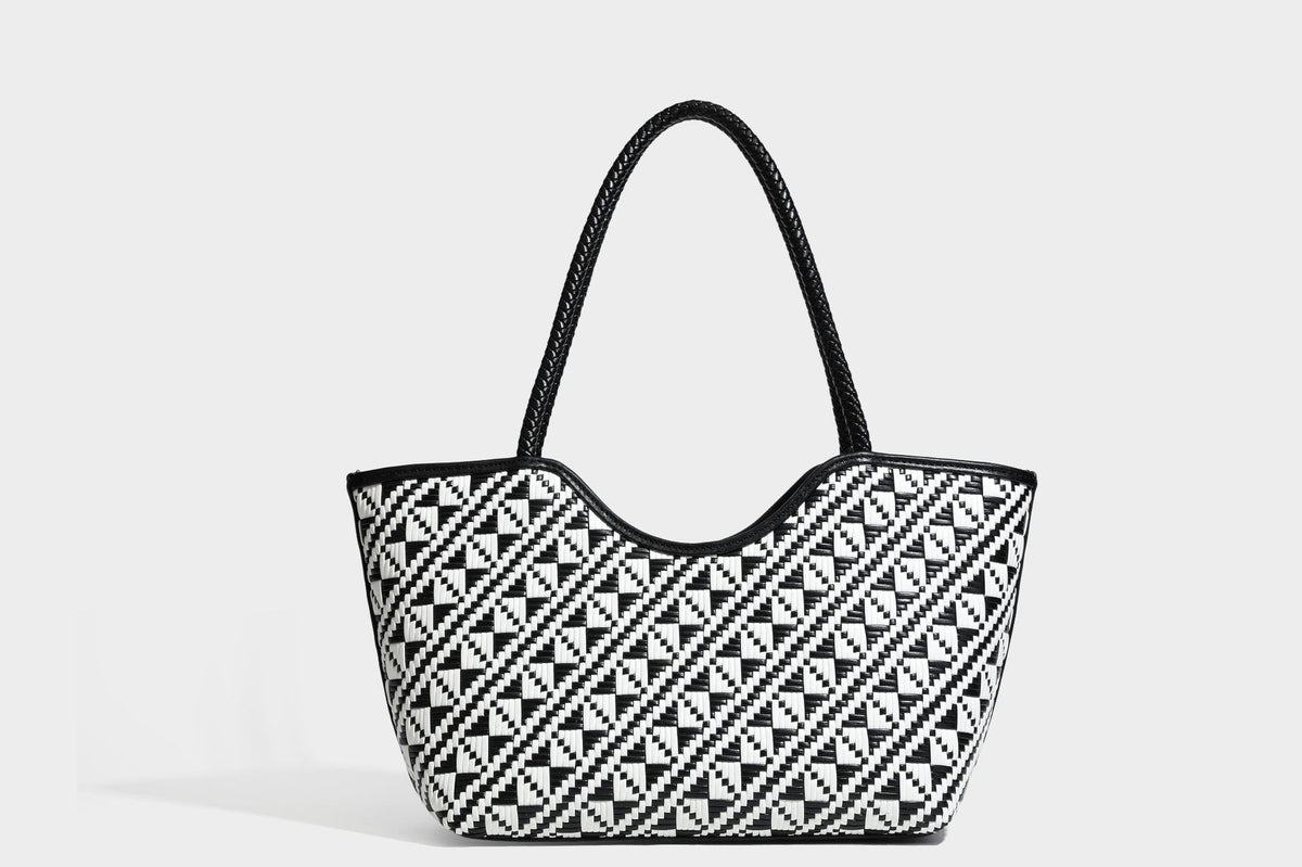 Woven geometric two-tone tote bag with braided shoulder straps and leather-look trim, detail view 30