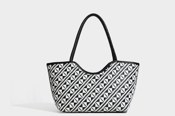 Woven geometric two-tone tote bag with braided shoulder straps and leather-look trim, detail view 30