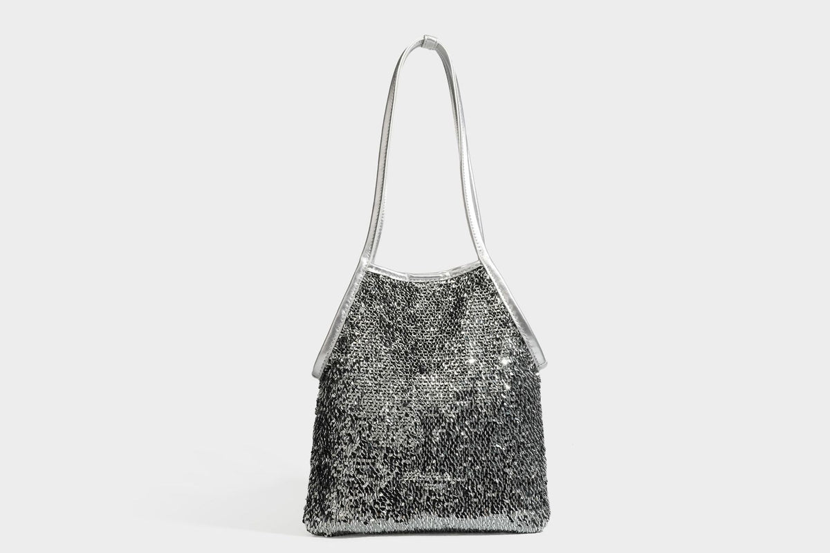 Kleine Pailletten-Schultertasche im Tote-Stil mit langem Metallic-Riemen und trapezförmiger Silhouette, Detailansicht 37