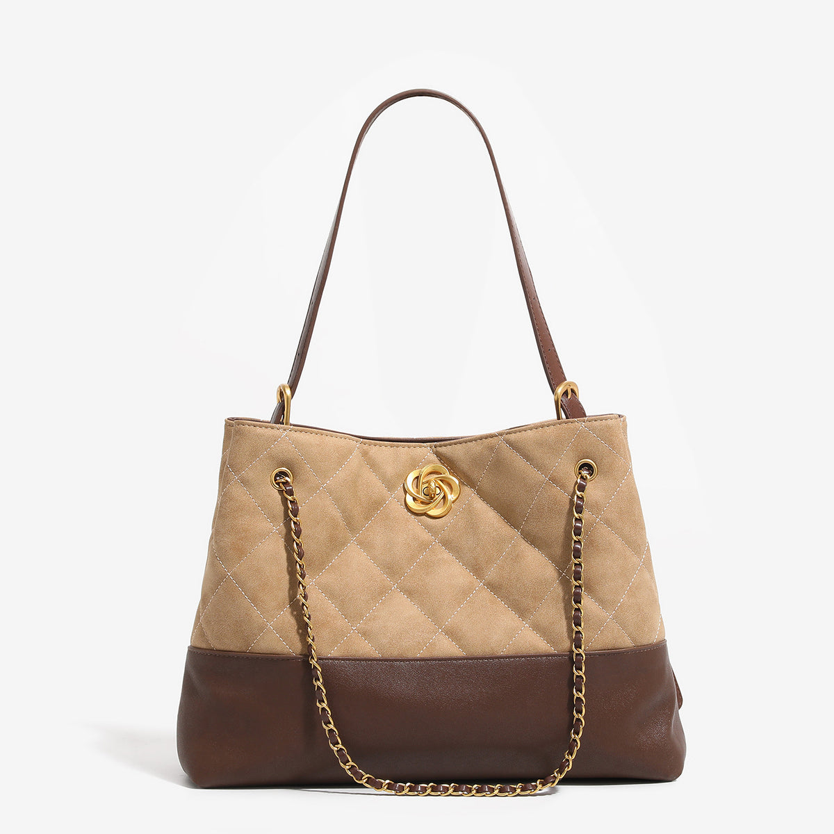 Two-tone tan quilted and dark brown leather-look tote bag with gold chain strap and floral knot emblem, detail view 6