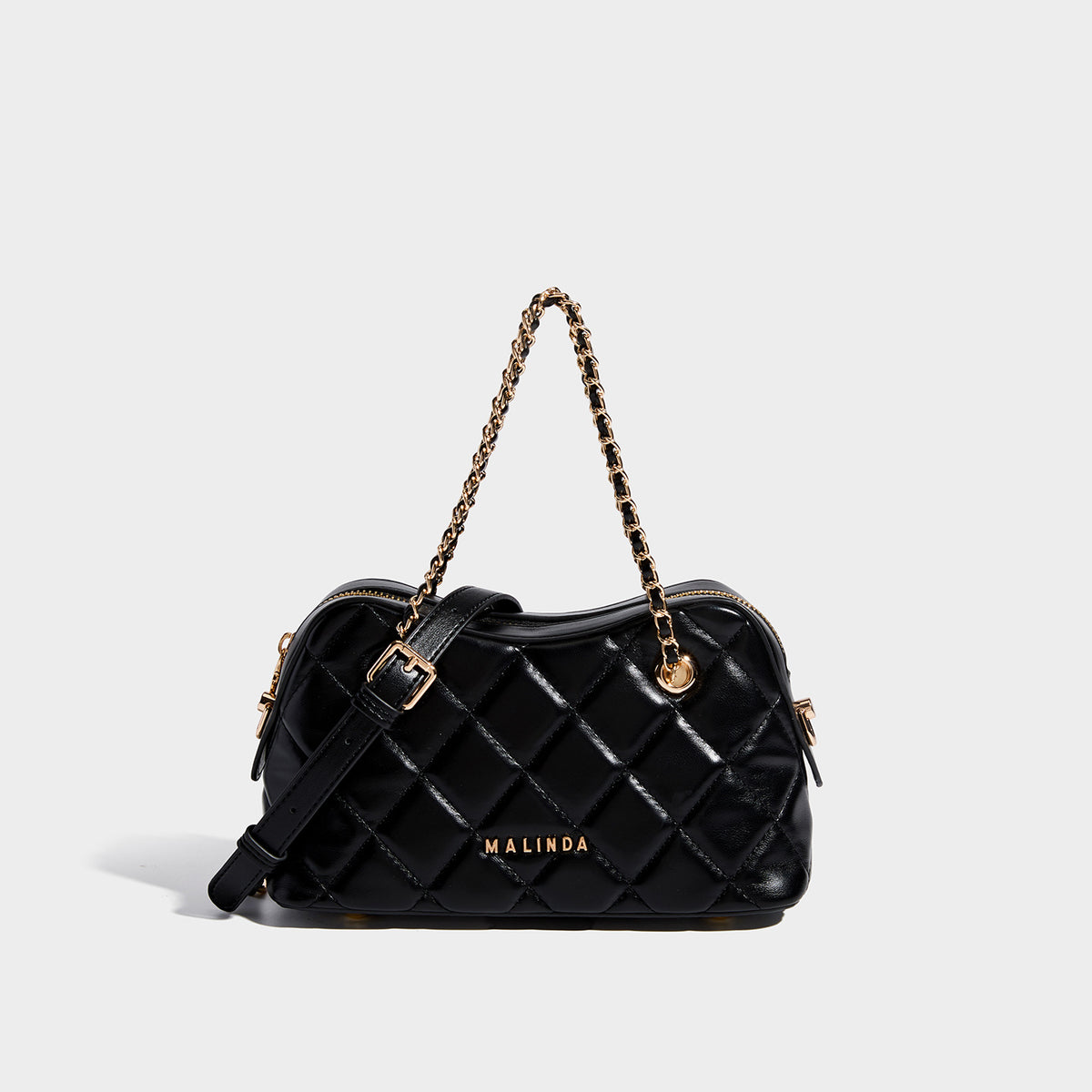 Diamond-quilted mini shoulder bag with gold-tone chain strap and top zip closure, detail view 8