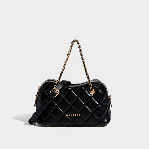 Diamond-quilted mini shoulder bag with gold-tone chain strap and top zip closure, detail view 8