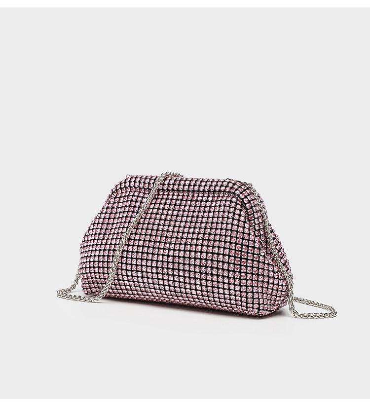 Small crystal rhinestone clutch crossbody bag with silver-tone chain strap and frame-clip closure, detail view 22