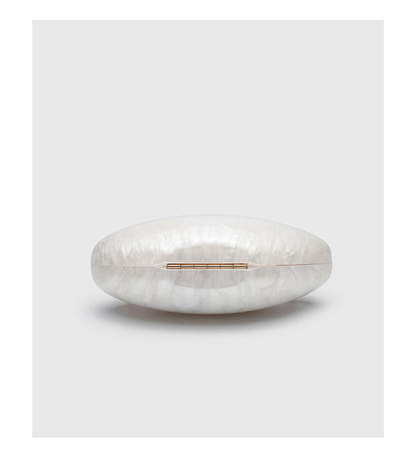 Oval hard-shell marbled gloss clutch bag with gold-tone kiss-lock clasp and detachable gold chain strap, detail view 11