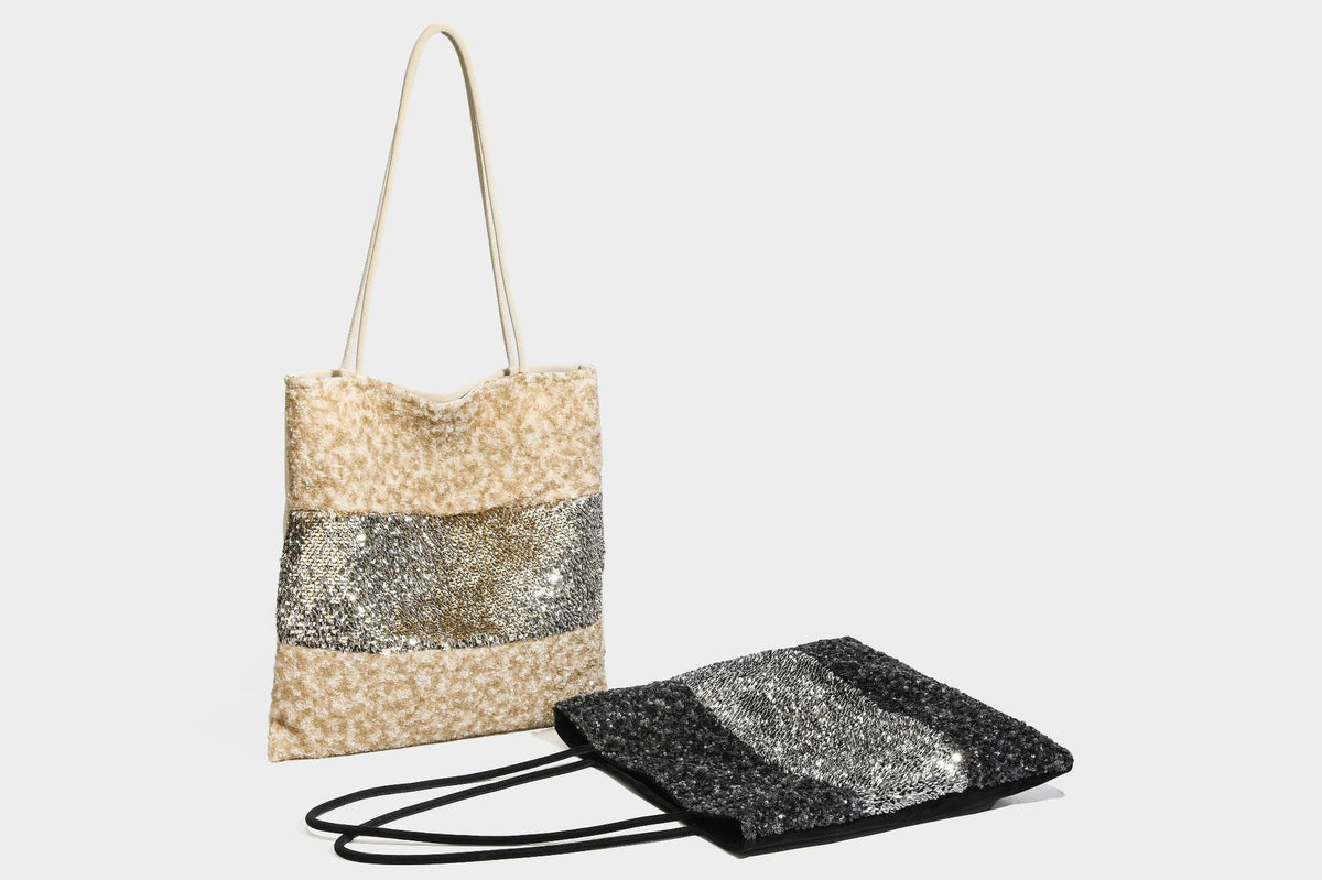 Soft rectangular sequin tote bag with colorblock metallic panels and long slim shoulder straps, detail view 23