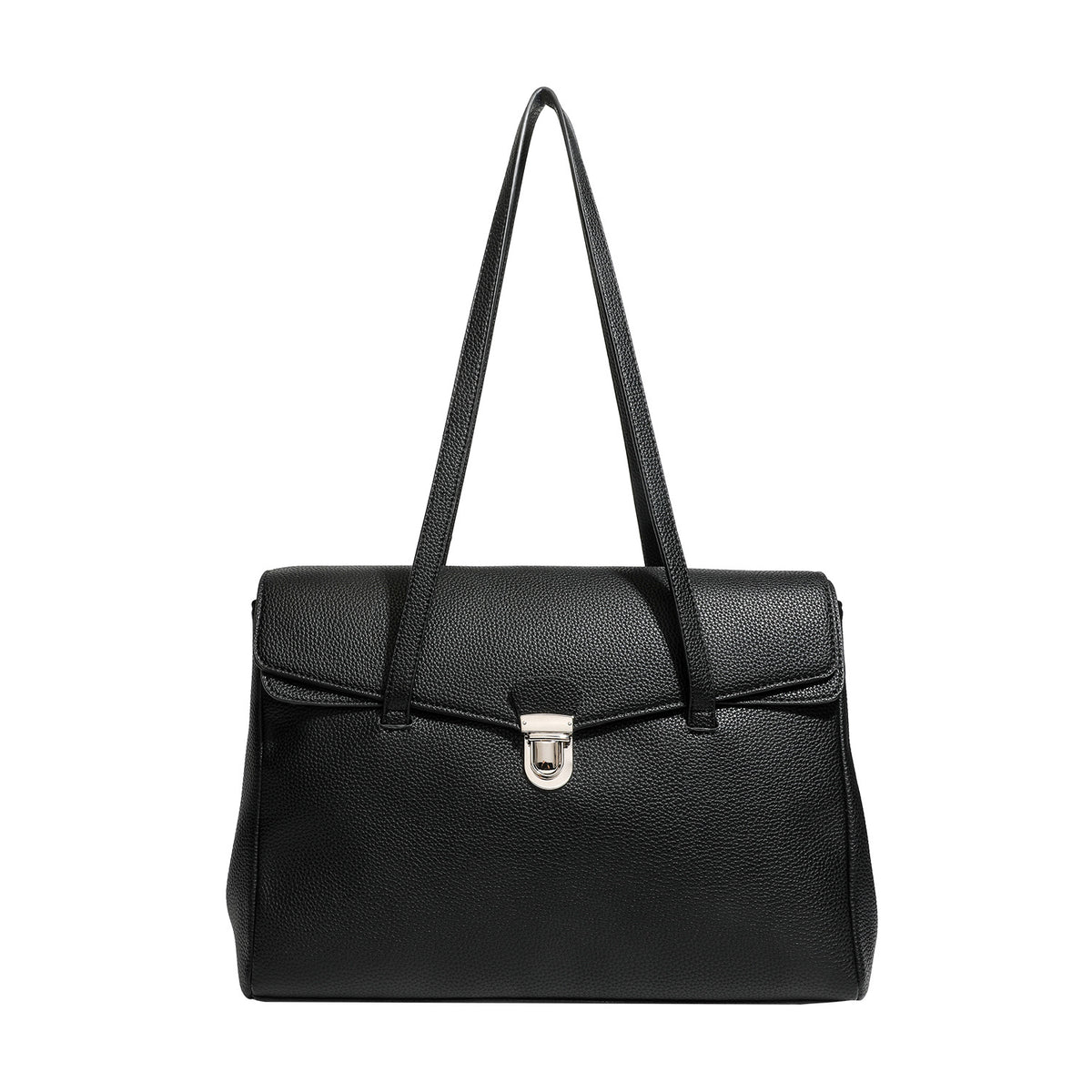 Structured black pebbled-finish flap tote bag with silver turn-lock clasp and long double shoulder straps, detail view 5