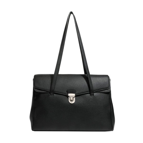 Structured black pebbled-finish flap tote bag with silver turn-lock clasp and long double shoulder straps, detail view 5