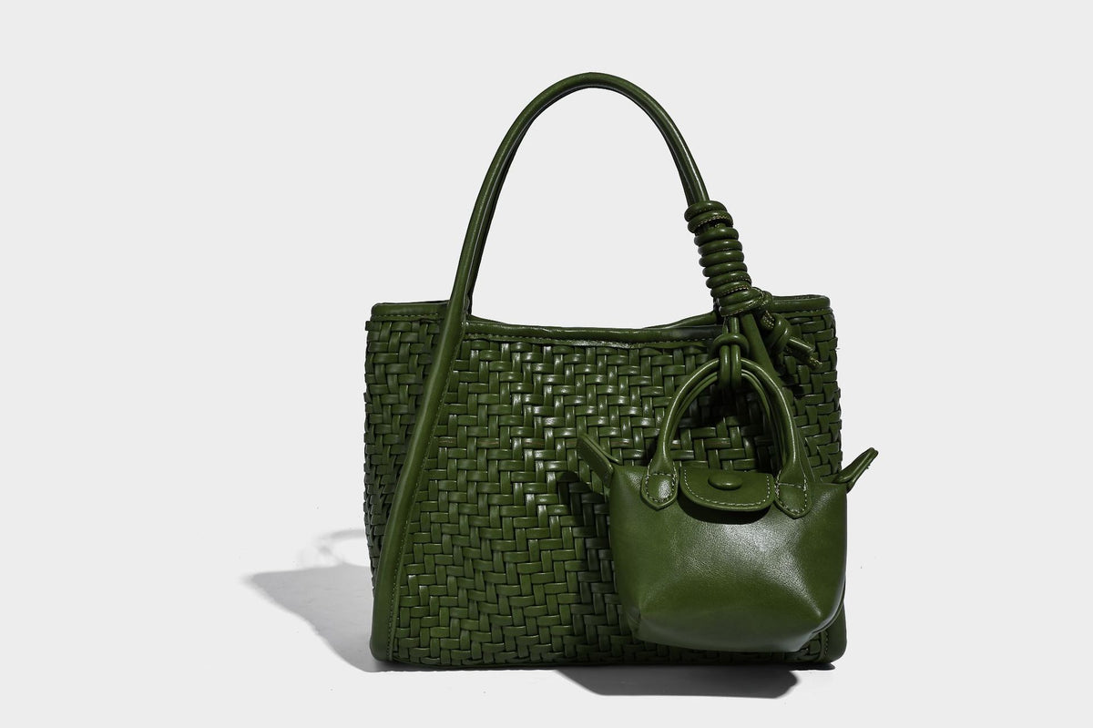 Woven texture open-top tote bag with smooth trim top handles and attached mini drawstring pouch in dark brown, detail view 24