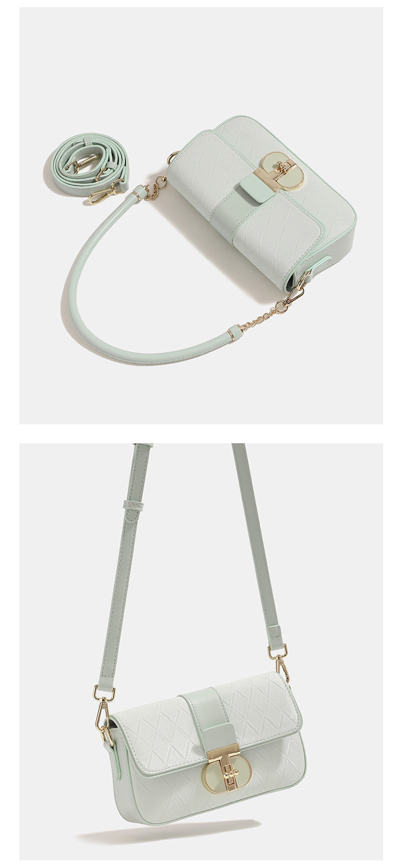 Kleine strukturierte gesteppte Klappentasche mit Rautenmuster in Mintgrün, goldfarbenem Drehverschluss und abnehmbarem Kettenriemen zum Tragen als Crossbody-Tasche