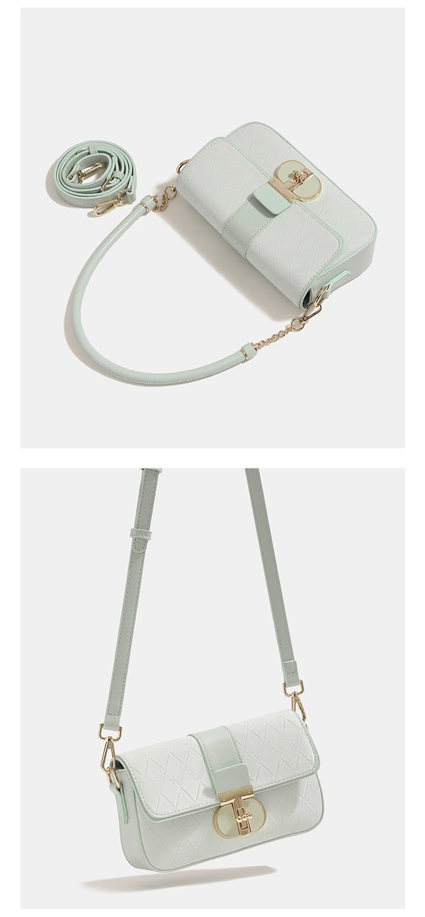 Kleine strukturierte gesteppte Klappentasche mit Rautenmuster in Mintgrün, goldfarbenem Drehverschluss und abnehmbarem Kettenriemen zum Tragen als Crossbody-Tasche