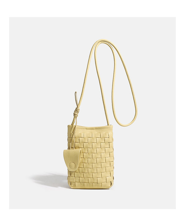 Mini woven square-pattern crossbody phone bag with long cord strap and front snap flap pocket in red textured leather-look