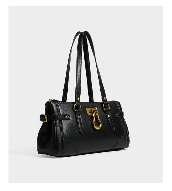 Strukturierte dunkelbraune Satchel-Tote in Lederoptik mit Ringverschluss in Antikgold-Optik, zwei Henkeln und seitlichem Riemen mit Schnalle